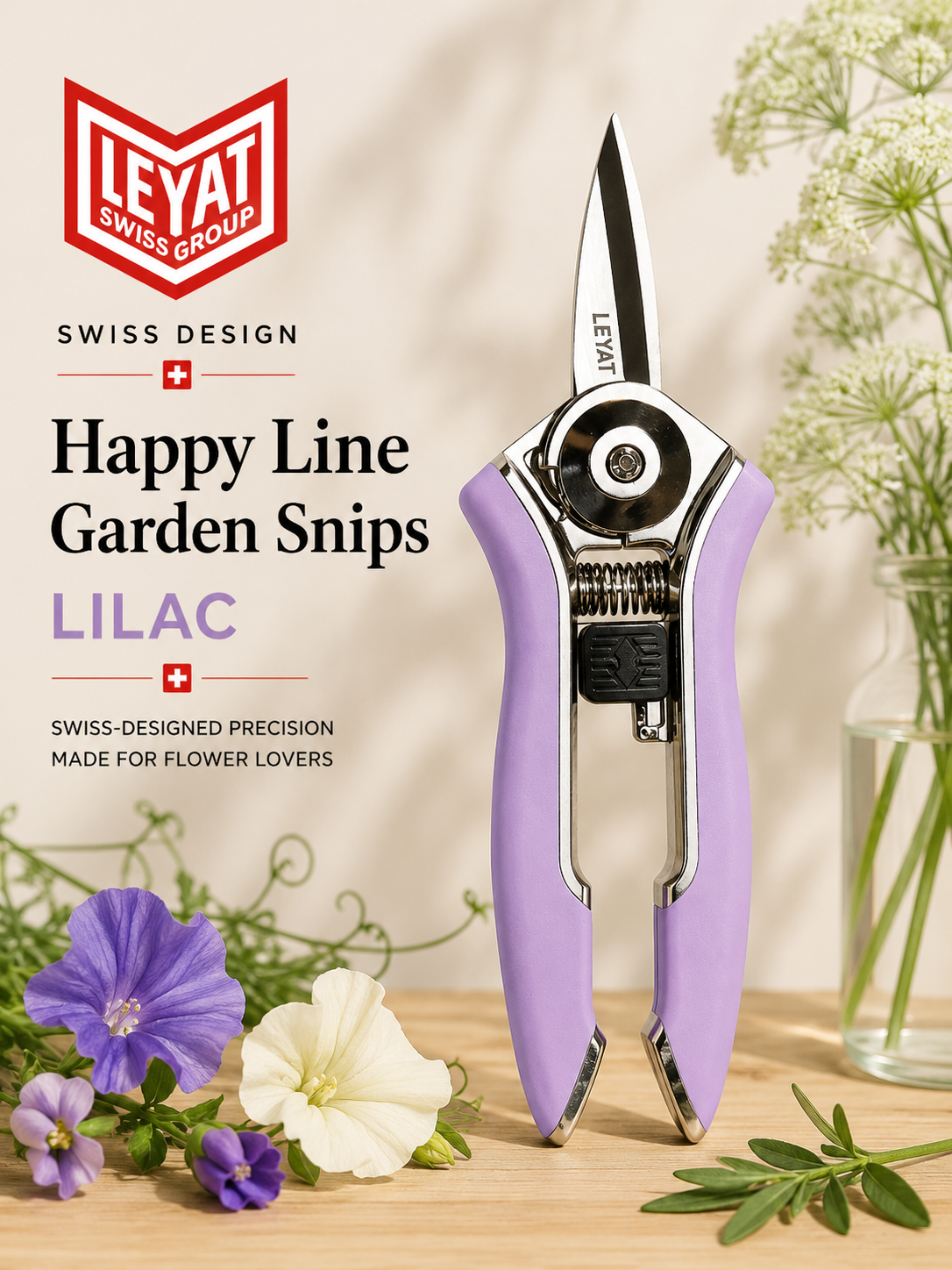 Leyat Happy Line Garden Snips in lilac, shown with flowers and greenery on a wooden surface against a warm beige background. The brand logo and product name are displayed on the left side.