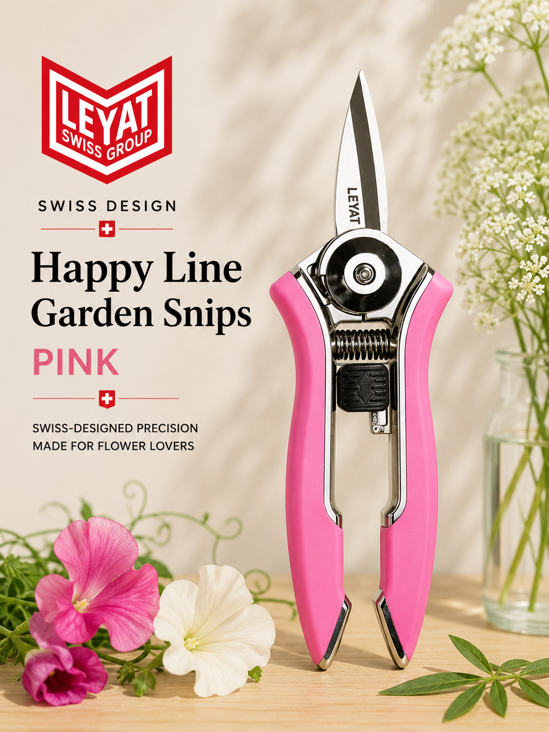 Pink and silver LEYAT Happy Line Garden Snips shown on a wooden surface with flowers and a glass vase in the background, alongside product text and the LEYAT logo.