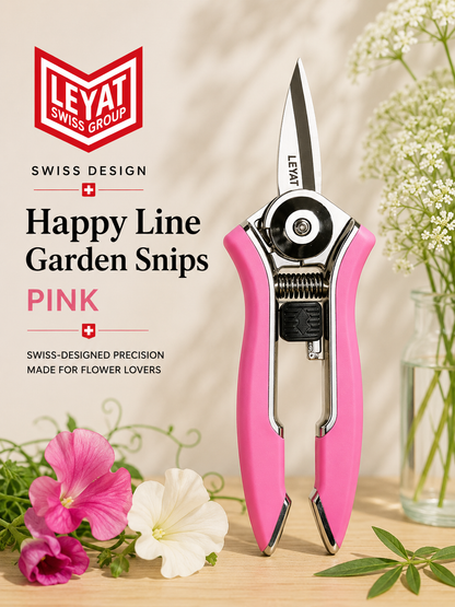 Pink and silver LEYAT Happy Line Garden Snips shown on a wooden surface with flowers and a glass vase in the background, alongside product text and the LEYAT logo.
