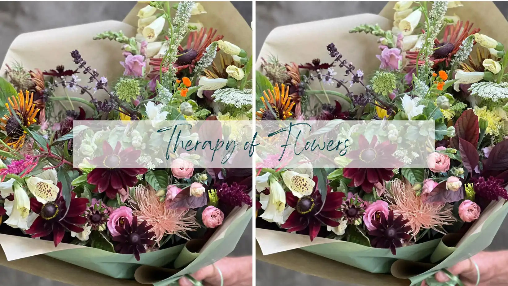 A vibrant bouquet of fresh flowers wrapped in paper.