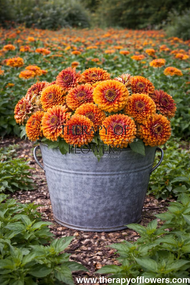 Zinnia elegans Macarenia | Bicolor Zinnia | Scarlet & Gold therapyofflowers.com